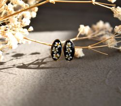 Tiny pressed flowers earrings Goth jewelry Minimalist gold earrings