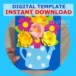 Printable Flower Birthday Card Craft for Kids Adult Mothers Day Spring Summer Watering Can Craft Decor Card for Mom