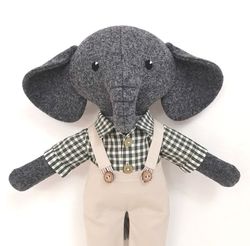 gray elephant boy, handmade plush elephant, wool stuffed animal doll