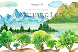 Watercolor clipart mountains WALL ART,travel,landscape Clipart Adventure, Camping Items,Watercolor clipart 24 PNG JPG.