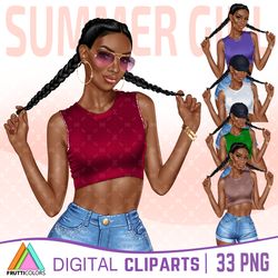 Summer Vibes Clipart Bundle - African American Girl Clipart, Denim Girl Clipart, Fashion Afro Girls PNG, Commercial Use
