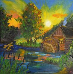 Original Oil Painting Old Mill Landscape Hand Made Impasto Medium Artwork 13x13 by NadyaLerm