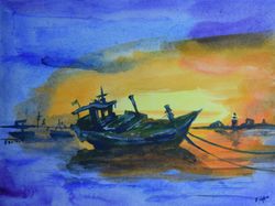 Original Hand Made Watercolor Painting Seascape Old Ship Medium Artwork 10,6 by 7,8 by NadyaLerm