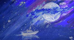 Original Hand Made Watercolor Painting Seascape Silver Ship and Silver Moon Medium Watercolor Artwork 9,6 by 5,3 by Nady