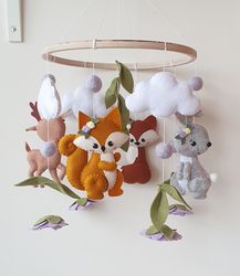 Woodland baby mobile, flowers mobile, forest mobile, woodland nursery, fox mobile