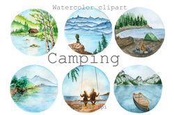 Watercolor Camping Clip Art Landscape.Mountain clipart, PNG summer travel clipart watercolor.adventure sublimation,