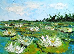 Water Lily Painting Flowers Artwork Floral Art Landscape Oil Painting 11 by 15 by Svitlana Verbovetska