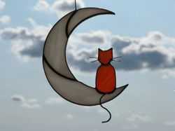 Ginger Cat On The Moon stained glass window hanging Suncatcher. Gift for animal lover, pet loss memorial outdoor, orange