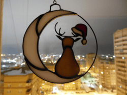 Christmas Reindeer on the Moon in a circle Stained glass window suspension Suncatcher