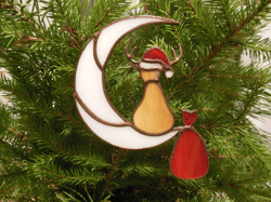 Christmas Reindeer on the Moon with a bag of gifts Stained glass window suspension Suncatcher