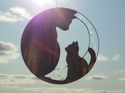 Cat with Kitten . Art stained glass window hanging Suncatcher. Gift for animal lover, pet loss memorial outdoor decor