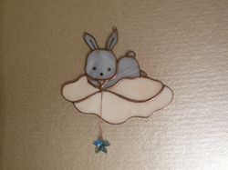 Easter Bunny Rabbit  Flying on Cloud with Star . Swarovski Сrystals . Stained glass window hanging Suncacher