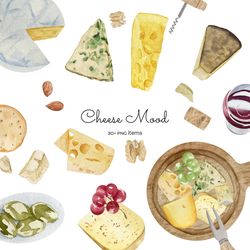 Wine and cheese watercolor clipart, cheese board illustration