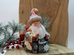Collectible Russian Santa Claus with a bird, hand carved Santa, hand painted sculpture, Carved Santa