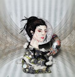 Large 3D brooch with an oriental girl and a bird. Brooch embroidered with beads.