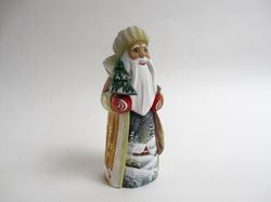 Wooden Russian Santa with winter scene, Collectible Russian Santa 5 inch tall, Hand carved sculpture, Santa carved