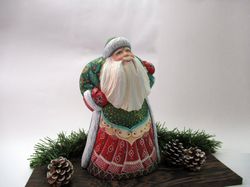 Woden painted Russian Santa with Holly Branches Red Berries. 10 inch tall, Carved Santa Claus, Ded Moroz