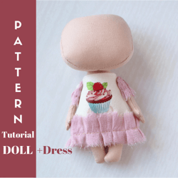 Mini doll pattern, Rag doll pattern,Doll body + dress