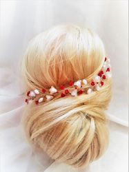 Wedding flower hair vine, White and red bridal hair piece, Wedding headband, White and red hair vine