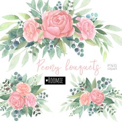 Peony Roses greenery Watercolor pink floral bouquets PNG clipart, Nude Flowers Wedding Clipart boho, Wreath flower frame