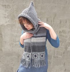 Hooded scarf Knitted women's scarf Gray long scarf Knitted cowl