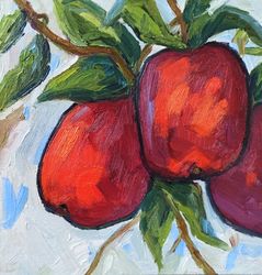 Apples painting Fruit original art Oil painting on canvas panel 20cm by 20cm Red Apples on Tree Original painting