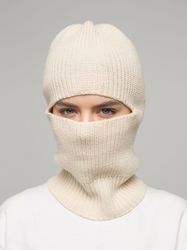 Balaclava hat white cream color, knit balaclava, ski mask 1 hole, woolen helmet