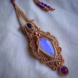 Moonstone Necklace, Amethyst Pendant, Macrame Jewelry, Handmade Jewelry, Statement Necklace Adornment, Bohemian Collier