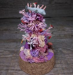 Miniature coral reef with pufferfish, glow in the dark sculpture, sea life art
