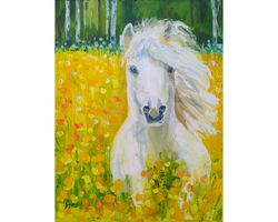 White Horse Painting Animal Original Art Farm Animals Canvas Oil Artwork Blooming Meadow Wall Art