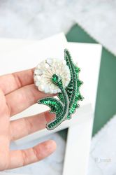 Dandelion brooch, beaded flower brooch, handmade brooch, handmade dandelion, embroidered flower, flower jewelry