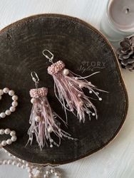 Pink Earrings, feather earrings,Long earrings, Ostrich feather earrings, wedding earrings,Dusty pink earrings, Earrings
