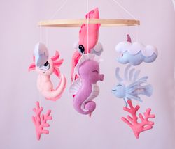 Ocean baby mobile, under the sea theme nursery decor, Axolotl, squid, seahorse, Baby shower gift, Pregnancy announcement