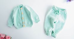 KNITTING PATTERN: Baby SET Cardigan and Pants "Mint" / pdf / Seamless for Baby and Child / 6-7 Sizes