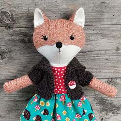 Orange fox girl, handmade stuffed doll, red fox plush toy
