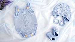 KNITTING PATTERN: Baby Romper, Bonnet and Shoes "Uni Olive" PDF Knitting Pattern / Baby Set / 5 Sizes