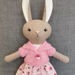Beige bunny girl, wool plush rabbit, handmade stuffed doll