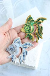 Fish brooch, fish jewelry, beaded fish brooch, embroidered fish brooch, gold fish brooch, beaded fish brooch