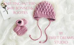 KNITTING PATTERN: Baby Bonnet and Booties PDF Knitting Pattern / Baby Bonnet / Baby Shoes / 4 Sizes