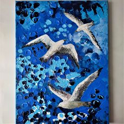 Seagulls Painting Seabirds Art on Canvas Bird Painting on Canvas Blue Painting Seagulls Original Marine painting artwork