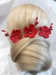 Set of red flower hair pins, Red flower hair pin with rhinestones, Prom /Wedding hair pin, Red flower hair accessory