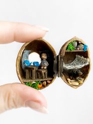 Fairy garden house, wooden toys. Fairy house kit. Walnut shell diorama. Fairy garden castle. Micro crochet dog. Doll hou
