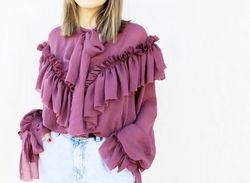 Edwardian Women ruffle Blouse purple boho chiffon long sleeve blouse, Victorian style blouse. Romantic Lolita blouse Coz