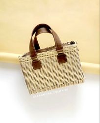 Summer wicker straw basket bag with leather handles