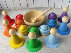Rainbow Large Wooden Peg dolls, wooden bowls and balls, toddler color sorting game, Color Sorting Activities