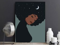 Black woman PRINTABLE wall art, african american girl with a starry sky in her hair, natural hair art, moon and stars