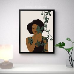 Black curly woman with green leaves, PRINTABLE art, viridian green decor, african american girl art, melanin girl art