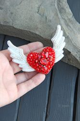 Brooch beaded heart Jewelry brooch Embroidered heart brooch pin, Wings brooch, embroidered wing brooch