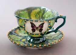 Butterflies Tea coffee Cup Saucer Set Green botanical pottery Golden pea texture handmade Impressions of leaves,