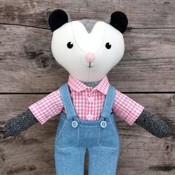 Gray possum boy, wool stuffed doll, handmade plush stuffed doll
